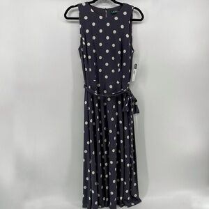 NEW Lauren Ralph Lauren Belted Midi Dress Gray Polka Dots 8